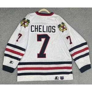 VTG 90s Starter Jersey Chris Chelios #7 Blackhawks Mens XL White Stitched EUC